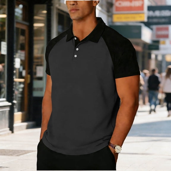 Zylanna Men's Contrast Raglan Polo Shirts, Turn-down Collar Button Short Sleeve Vintage Baseball Casual Golf Tops Dark Gray