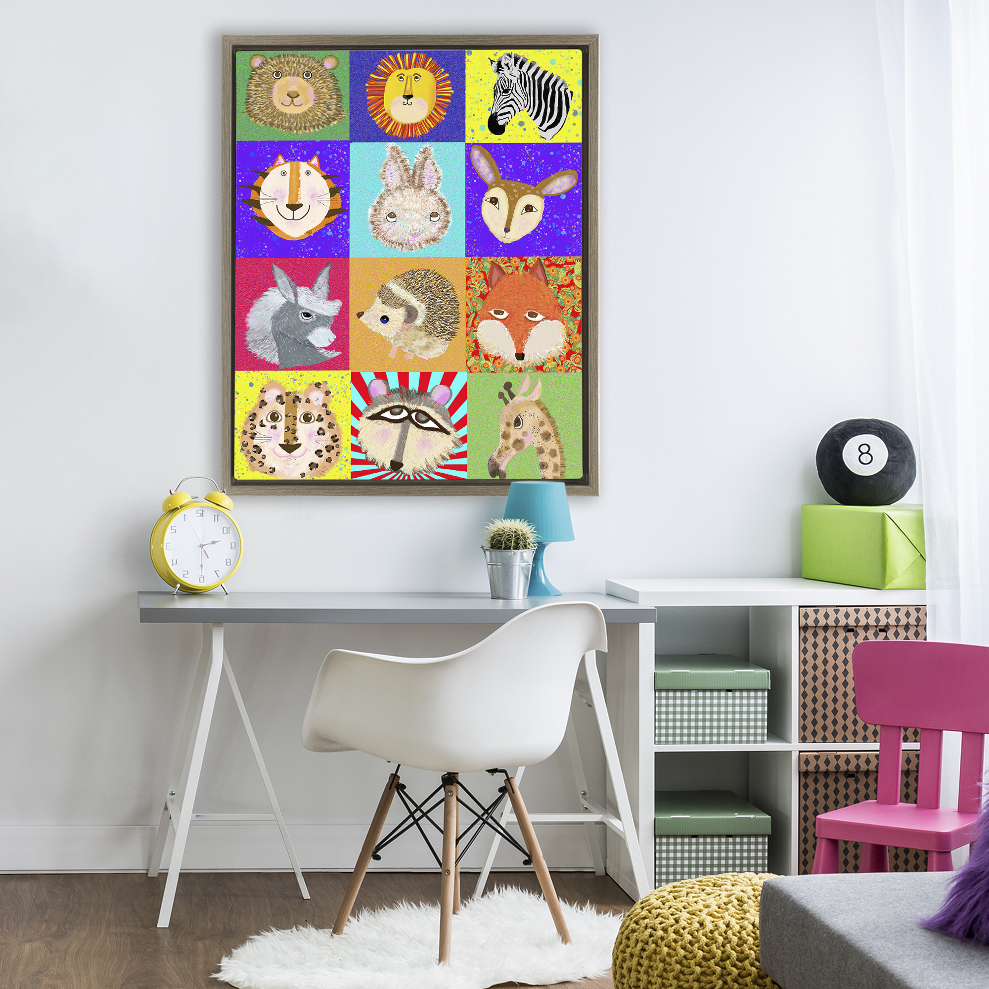 Furry Faces Animals Brown Framed Floater Canvas Wall Art, design by Lynnda Rakos