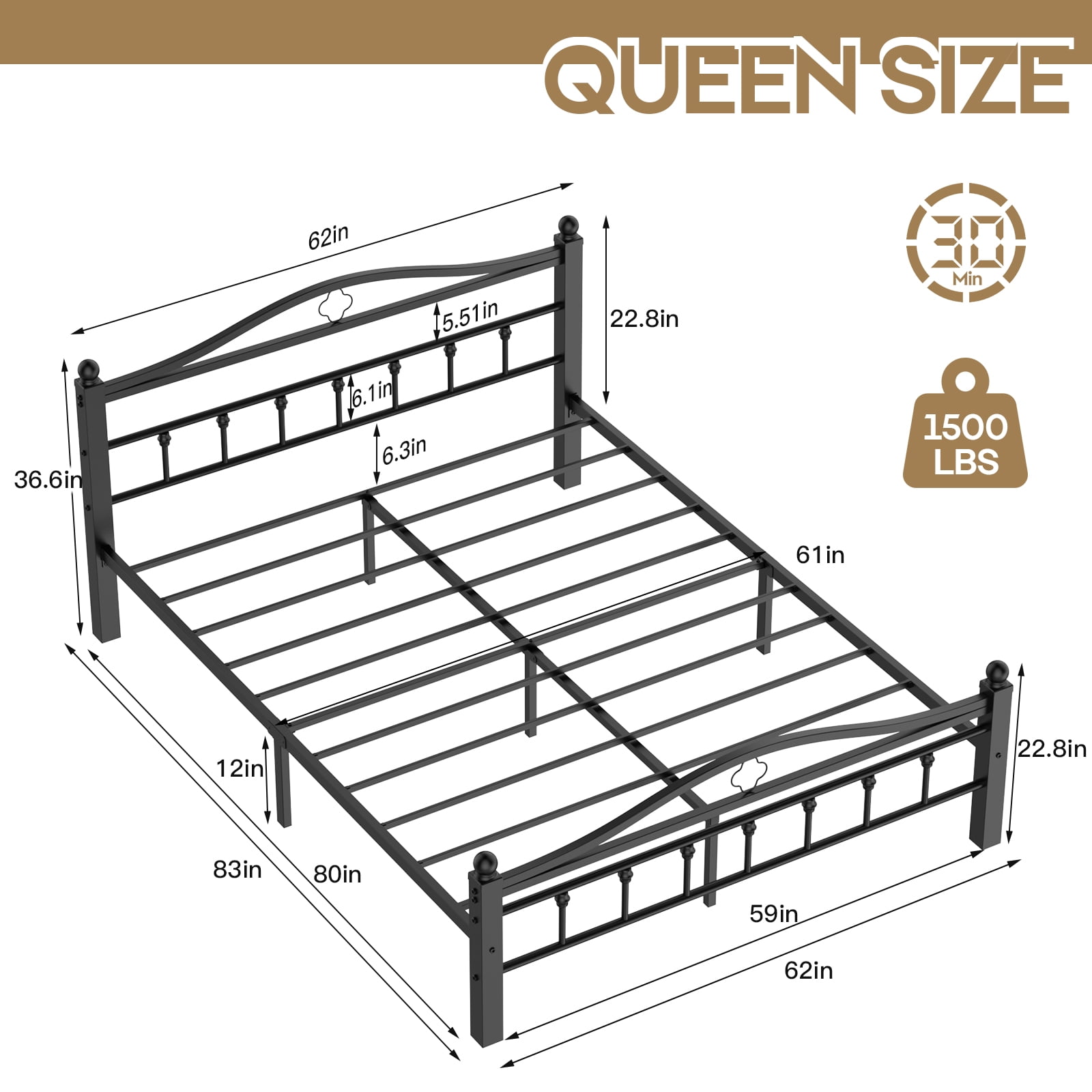 Queen Bed Frame with Headboard - Heavy Duty  Bed Frame Queen Size Supports 1500LBS, Noise Free, Under-Bed Storage, No Box Spring Needed, Easy Assembly, Black