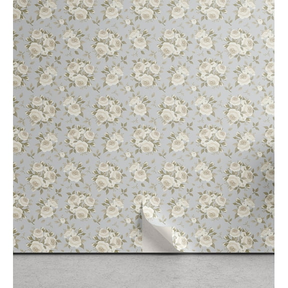 Ambesonne Vintage Peel & Stick Wallpaper for Home, Romantic Roses in Bloom, 13"x72", Reseda Green Blue Grey