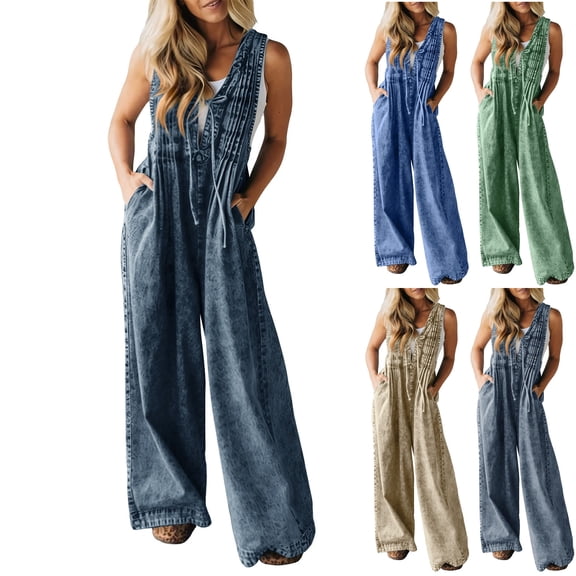 Vhkiploz Plus Size Wide Leg Jumpsuits for Women's One-Piece Summer Beach Sweatsuits Solid Color V-Neck Sleeveless Rompers with Pockets