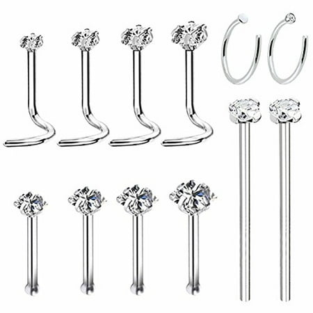 BodyJ4You 12PC Mix Pack Nose Rings Screw Bone Fishtail Studs Hoops 20G Surgical Steel Piercing