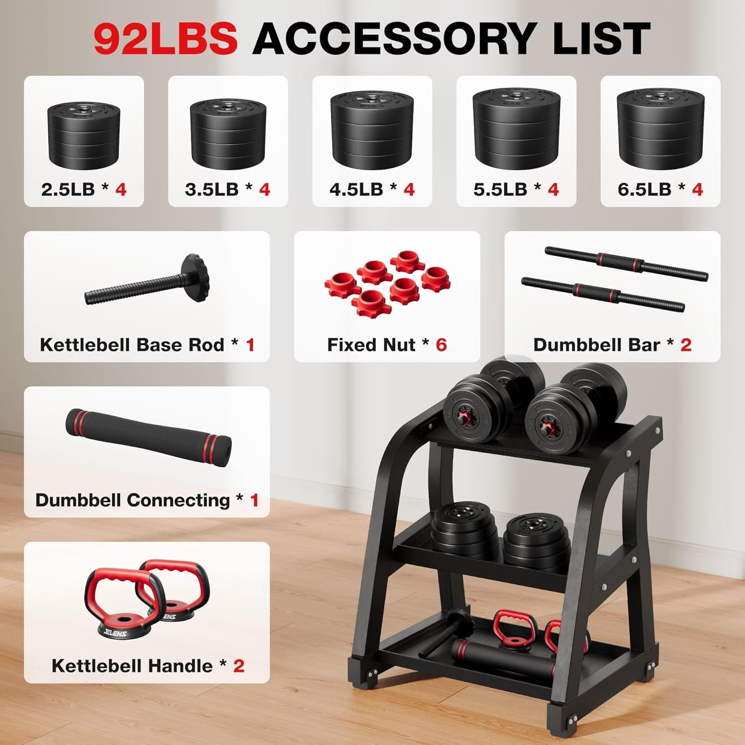 Adjustable Dumbbells Set,30/45/70/92 LBS Multi-Function Free Weights,4-in-1 Workout Weights for Kettlebells,Barbell,Push Up Stand,All-in-One Home Gym Weight Equipment for Men Women Full Body Fitness
