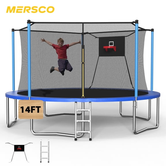 Mersco 14ft Outdoor Trampoline for Kids and Adults, Backyard Trampoline with Basketball Hoop , Enclosure Net and Ladder, Heavy Duty Jumping Trampoline PLAY for Indoor Outdoor Birthday Gift, Blue