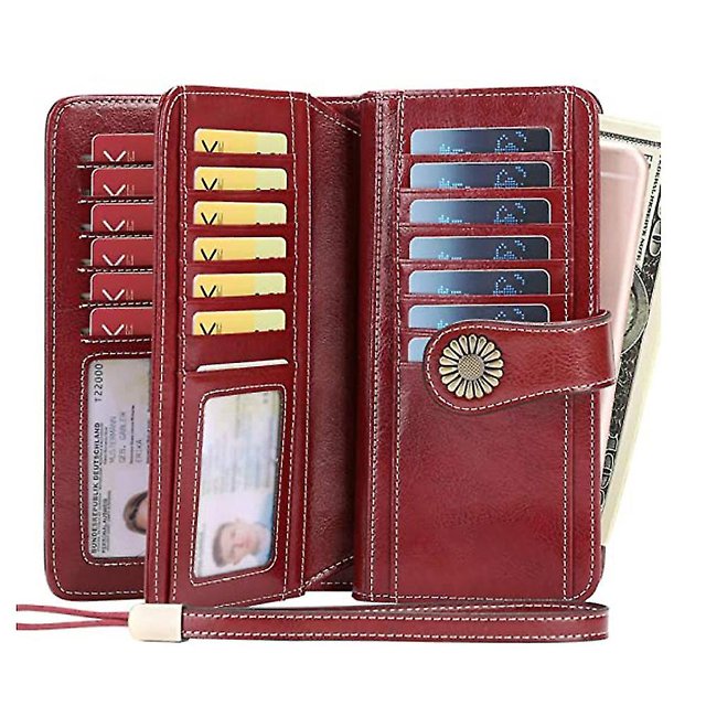 bolsa de herramientas, billeteras de cuero genuino para mujer con tarjetero de cuero genuino con pulsera de bloqueo rfid de gran capacidad abierta, vista frontal mostrando cartera larga roja con broche decorativo y costuras blancas; interior con múltiples ranuras para tarjetas y dos ventanas para identificación, dos compartimentos para billetes, bolsillo con cremallera, correa de muñeca y espacio para teléfono; incluye bloqueo RFID según especificaciones; adecuada también como organizador compacto para viajes.
