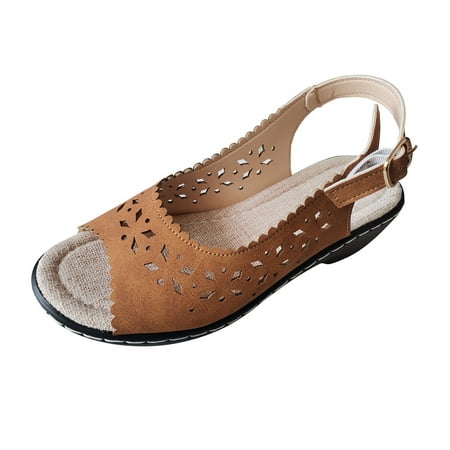 

ZHAGHMIN Gold Slippers Women Ladies Fashion Solid Color Hollow Leather Open Toe Buckle Wedge Heel Thick Soled Roman Sandals Comfortable Sandals For Women Wide Width Womens Dress Sandals Low Heel Lac