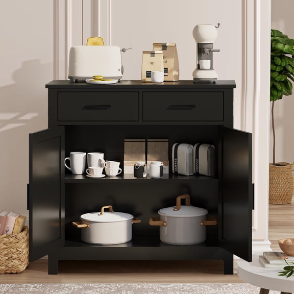 Storage Cabinet with 2 Drawers and 2 Doors, Modern Farmhouse Buffet Sideboard and Coffee Bar Station for Kitchen Living Room Dining Room, Black