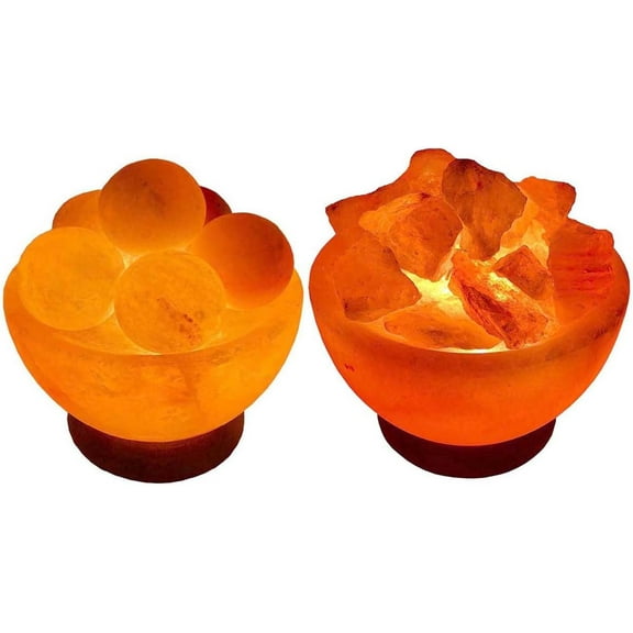 Himalayan Salt Lamp Bowls with Natural Crystal Chunks & Round Massage Balls – Hand-Carved Pink Rock Salt with Dimmer Cord & Wooden Base – Purifies Air, Enhances Mood & Sleep 2 Pack