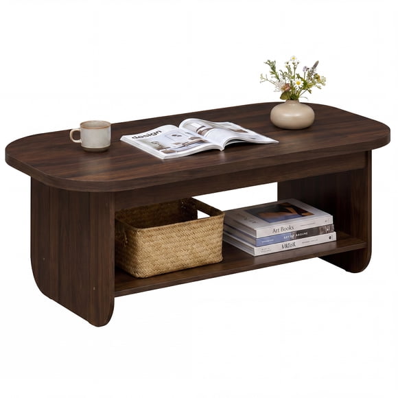 Gymax 2-Tier Oval Coffee Table 47'' Mid Century Center Table w/ Bottom Storage Shelf Walnut