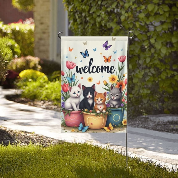 Spring Summer Hello Garden Flag Cute Cats In Flower Pot Colorful Flowers Butterfly 12X18 Inch Double Sided Summer Outdoor House Flower Flag Yard Decoration Flag