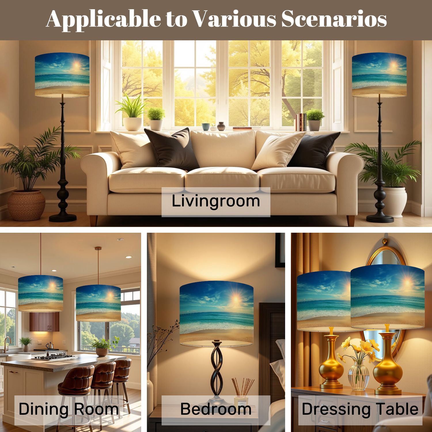 Lamp Shades Set of 2 seascape sun blue sky 13" x 13" x 10" Lampshade for Table Lamps Floor Lamps Lamp Shade Replacement Easy Assembly Required