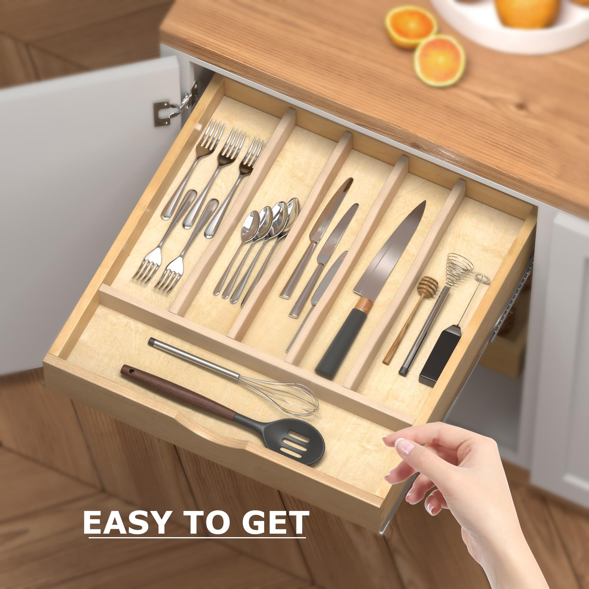 6 Slot 20"x19" Silverware/Flatware Drawer Organizer Tray with Divider, Utensil Drawer Organizer, Cutlery Tray Organizer, Tool Drawer/Junk Drawer Organizer (Natural Wood)