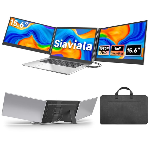SIAVIALA 15.6" Laptop Screen Extender, Triple Portable Monitor with Ultra-Thin FHD 1080P IPS Display for 13-17" Laptop, Plug & Play via HDMI/USB-A/Type-C, Compatible with Mac/Windows/Android