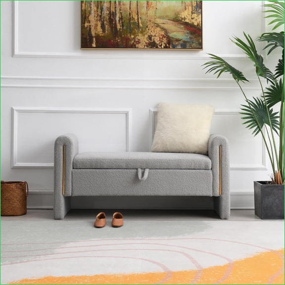 Modern Bed End Bench with Arms & Storage, Upholstered Foot Rest for Living Room,Bedroom,Dorm | Teddy Fabric | Light Gray