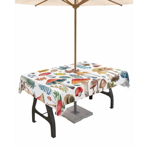 Fsddascl Colorful Mushroom Outdoor Tablecloth - 52x70 Inch Dining Table Cover, Watercolor Spring Floral Summer Botanical Waterproof Outdoor Table Cloth with Umbrella Hole & Zipper for Patio