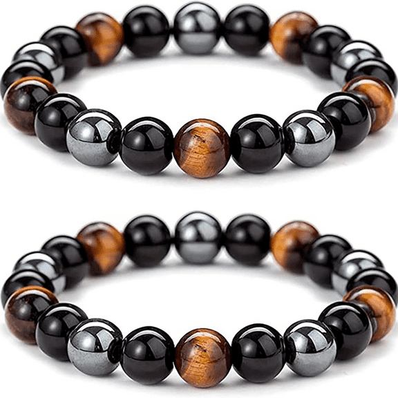 Beaded Buddha Healing Rope Uni Bracelet,Triple Protection Bracelet for Bring Luck and Prosperity Hematite Black Obsidian Tiger Eye Stone Bracelets for Men Women(2pcs)