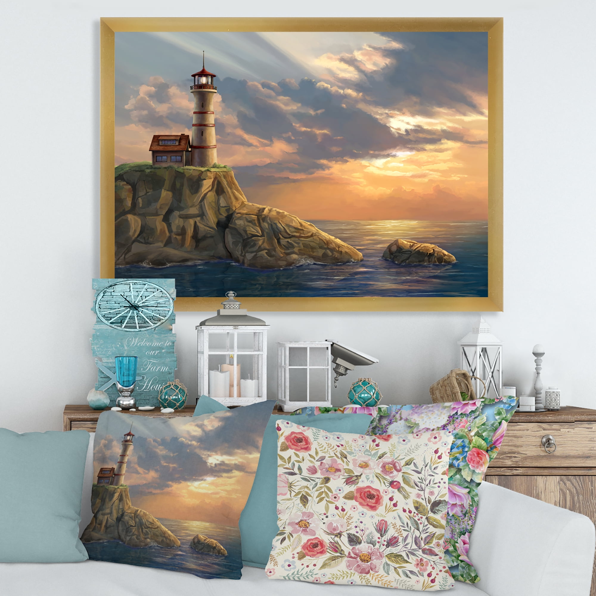 Designart 'Lighthouse On A Rocky Coastal Cliff At Evening Light' Nautical & Coastal Framed Art Print