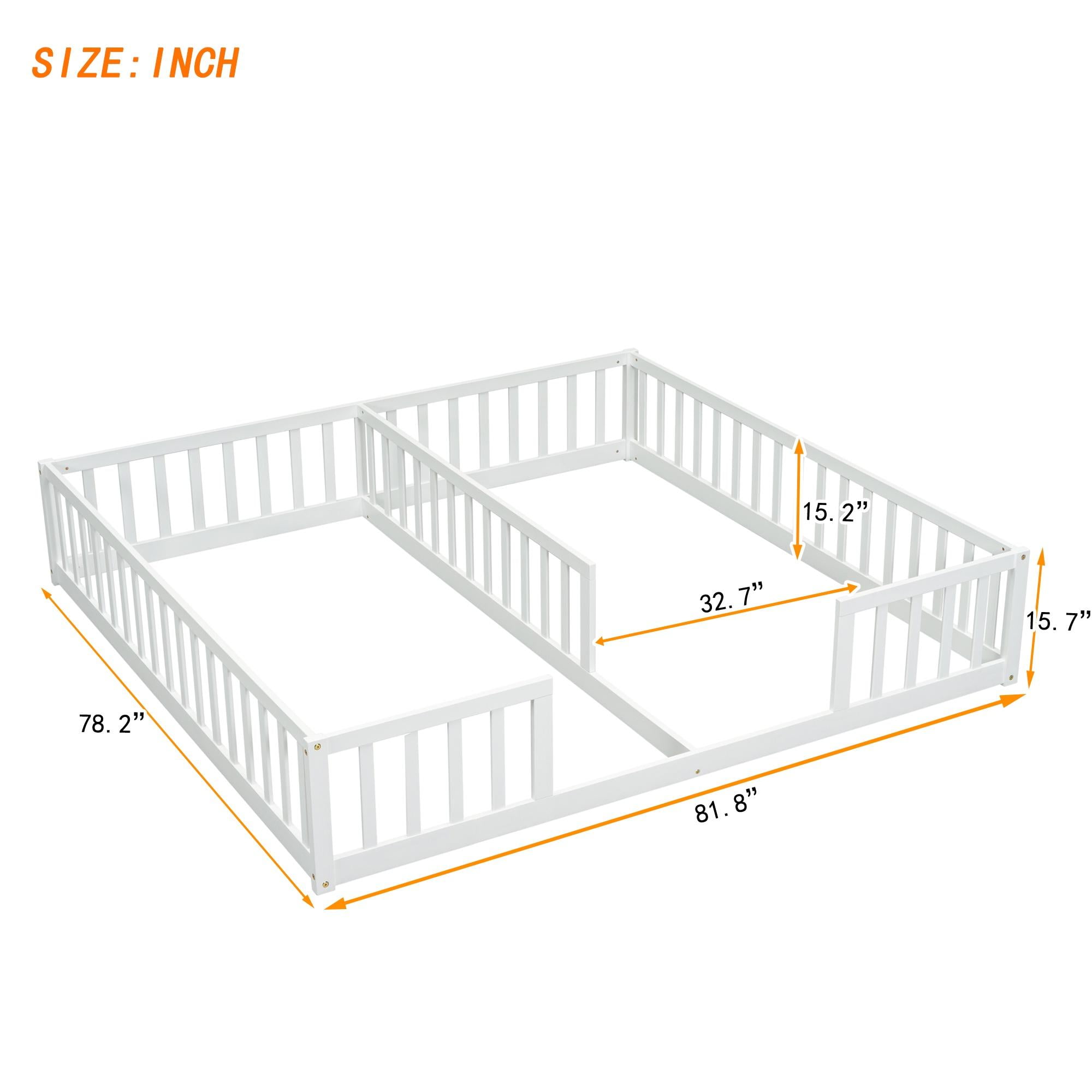 PORKISS Twin Size Floor Bed for Kids, Double Wood Montessori Bed Frame with Fence, White