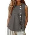 thumbnail image 7 of aohooy Women Summer Tops Button Down Sleeveless Shirts Tie Front Gauze Tunic Blouse Crew Neck Loose Button Tank Top Gray,L, 7 of 7