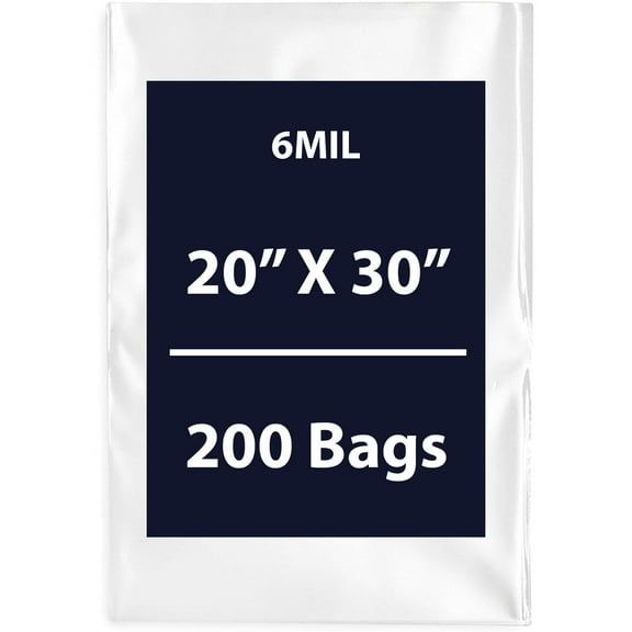 Clear Flat Poly Bags, 6Mil 20" X 30" & 200 Bags | Low-Density Polyethylene (LDPE), Flat Open Top Plastic Packaging Packing | Flexible and Durable Plastic Bags