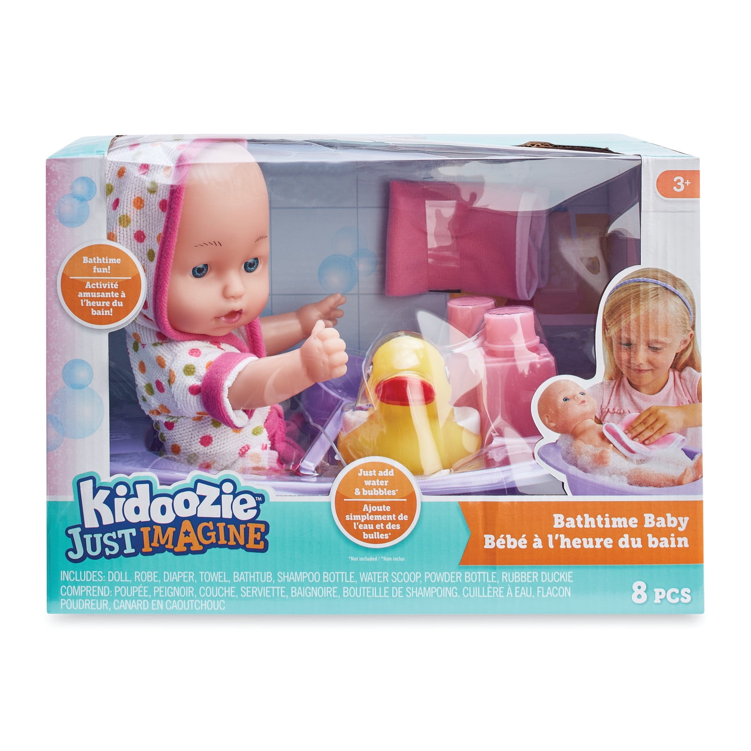 Kidoozie Bathtime Baby, 12-Inch Doll, Bath tub and Accessories for Kids, Pretend Play, Ages 3 and up