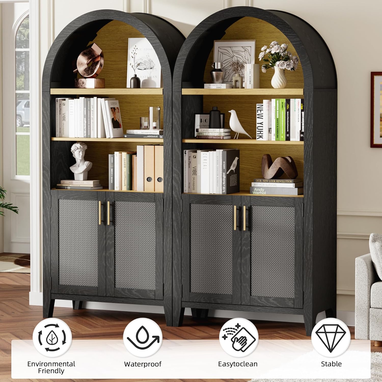 MAYEERTY Arched Storage Cabinet with Beech Wood Door, 5-Tier Arched Kitchen Pantry with Storage for Dining Room, Living Room, Kitchen, Office
