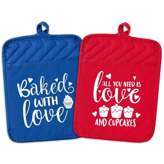 2ooya Cotton Pot Holder Set, Heat Resistant, Rectangle, Red & Blue, 2 Pack