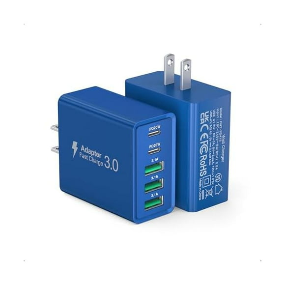 USB C Wall Charger, 50W USB C Charger Block 2-Pack 5-Port PD Fast Charging Blocks,Multiport 2USB C+3USB A Plug,Type C Power Adapter Brick Cube for iPhone 16/15/14/13,Samsung,for Switch（Dark Blue）
