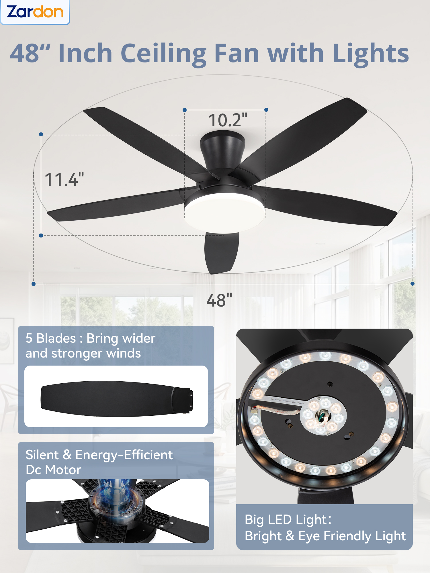 Zardon 48in Ceiling Fans with Light and Remote Control, Flush Mount Ceiling Fans with Reversible 6 Speeds, for Indoor, Outdoor, Black