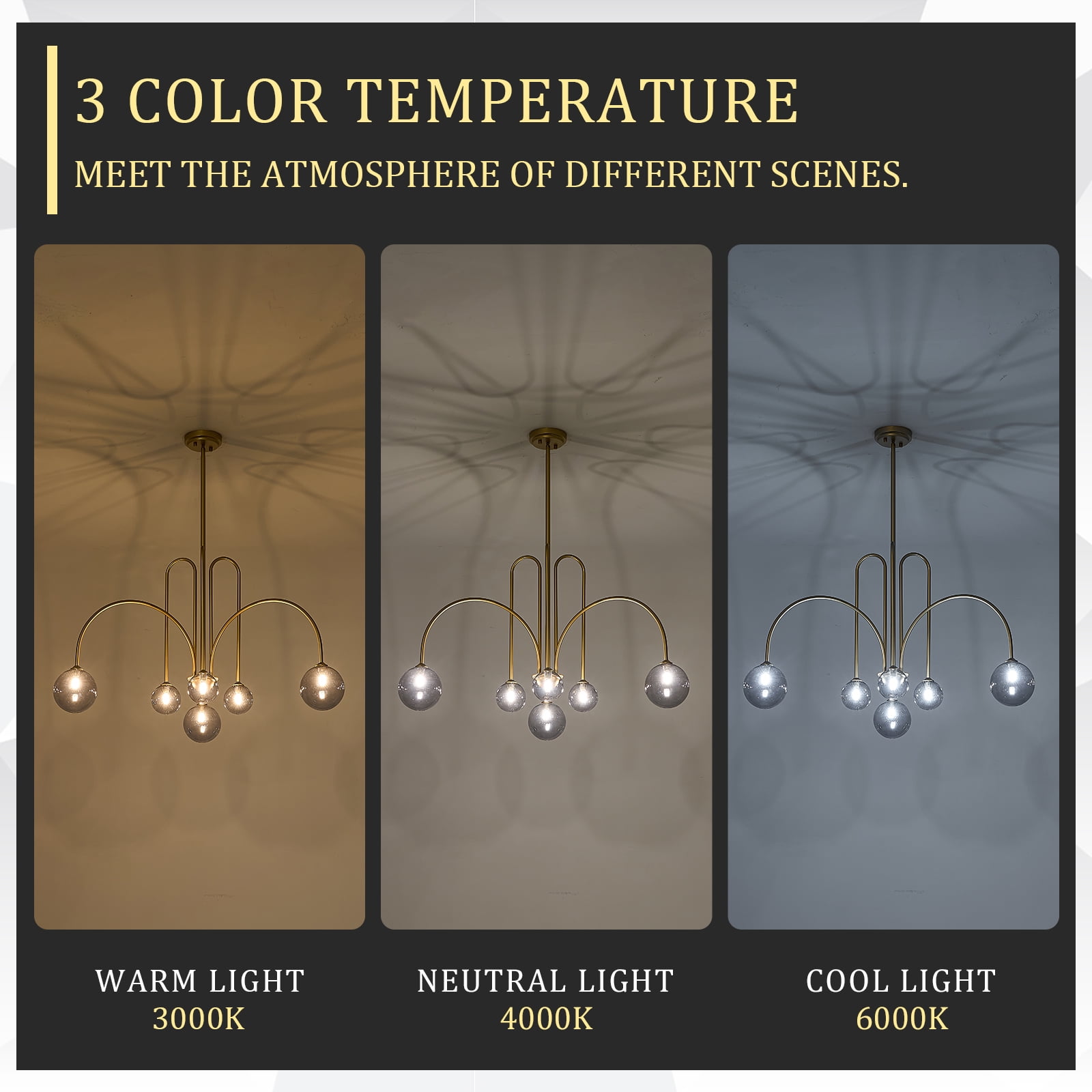 Modern Gold Chandelier, 6 Lights Sputnik Chandeliers Large L40”Mid Century Ceiling Pendant Light Fixtures with Smoke Glass Globe Shades for Living Dining Room Foyer Bedroom