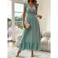 thumbnail image 3 of Women'S Summer Maxi Dress Elegant V Neck Ruffle Flowing Sleeves Waist Pleated Flowing Wedding Guest Dress Light Green XL, 3 of 5