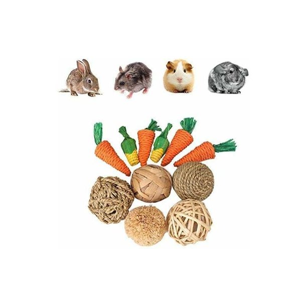 Juguetes para conejillos de indias, juguetes de zanahoria para masticar para hámster, 11 piezas de juguetes para hámster para el cuidado dental, juguetes para animales pequeños, bola de ratán natural,