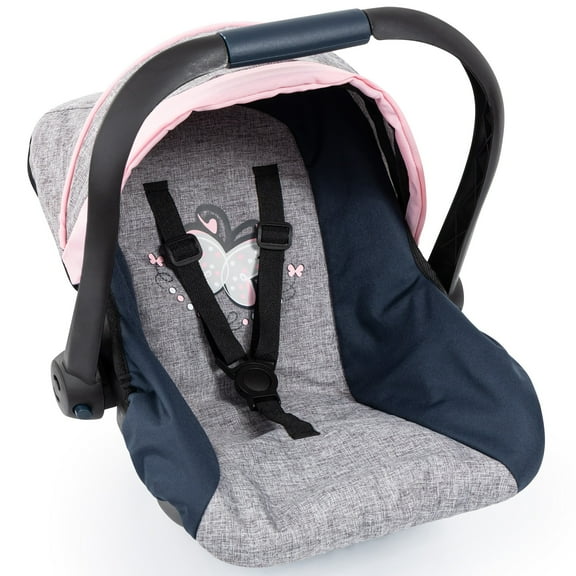 Bayer: Car Seat - Grey, Blue, Pink Butterfly - Fits Dolls Up to 18' Kids Pretend Play, Safety Belt, Sun Canopy, Accessory for -Plush Toys
