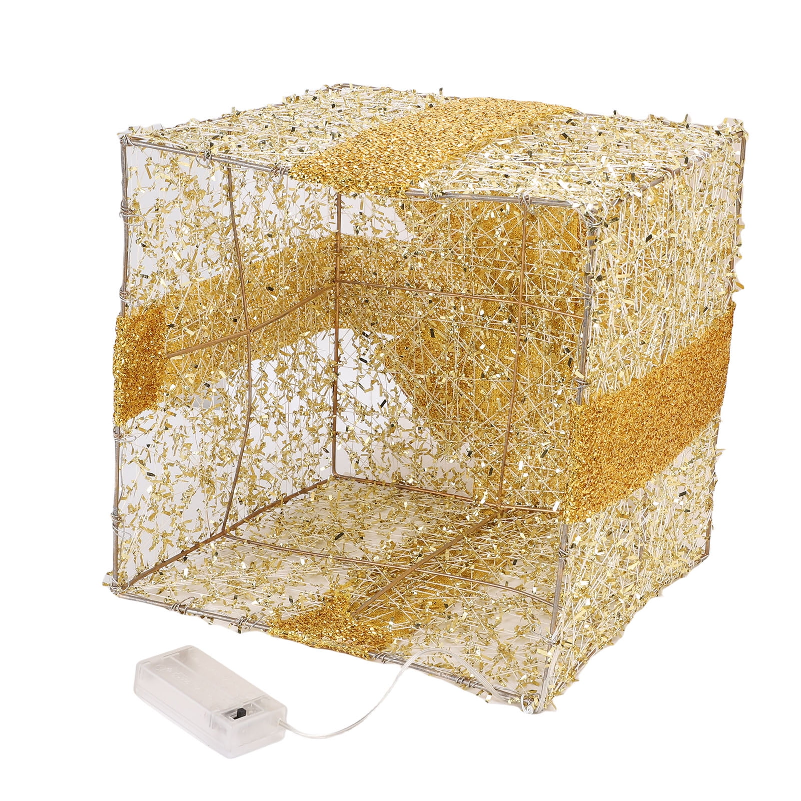 3-Piece Lighted Gold Iron Christmas Gift Box Decor - Battery-Powered String Light Xmas Present Boxes with Sequin Bow for Tree Skirt Yard Porch Holiday Decor