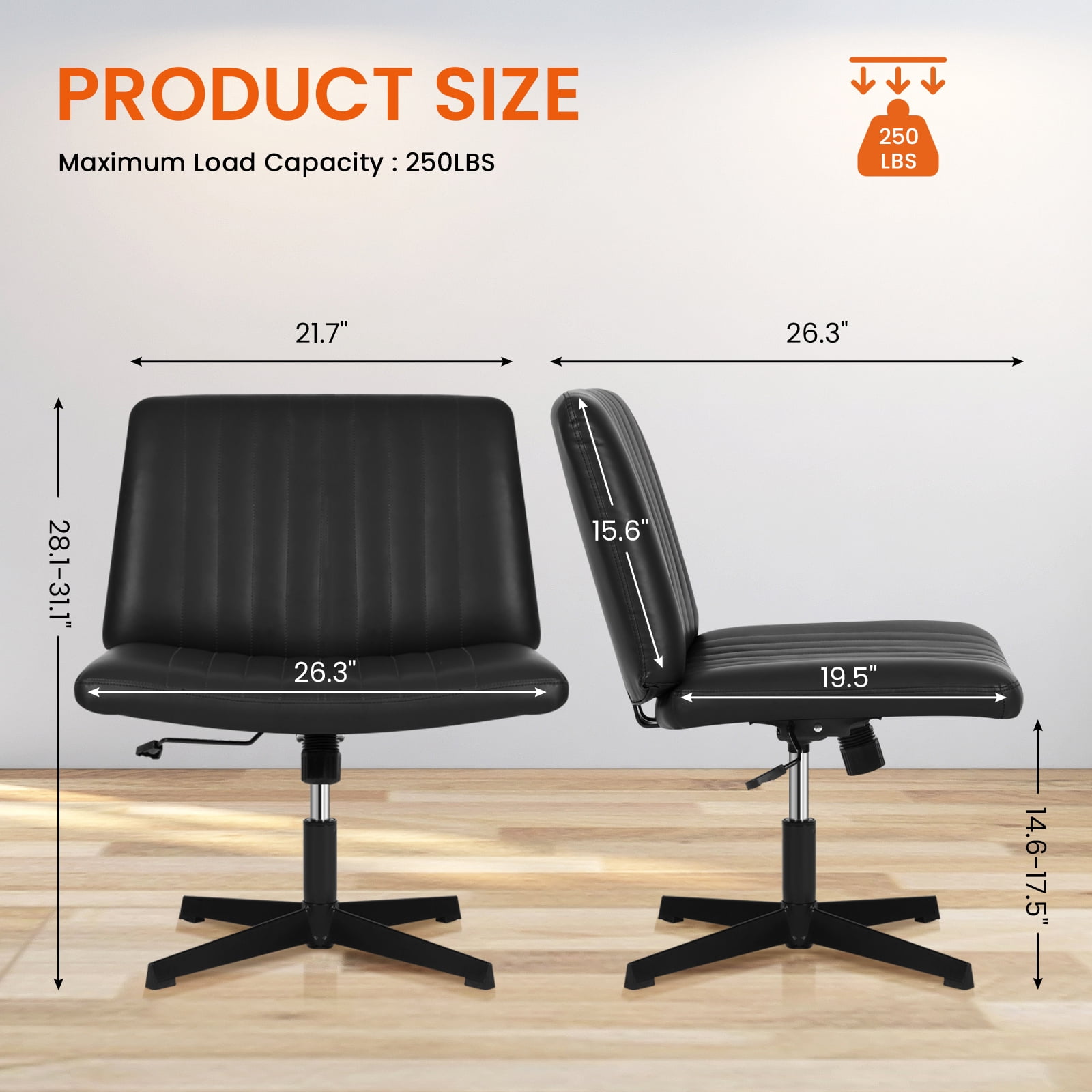 Dkelincs Criss Cross Chair Adjustable Wide Computer Desk Chair Armless Vanity Chair Modern Task Chair No Wheels, Black