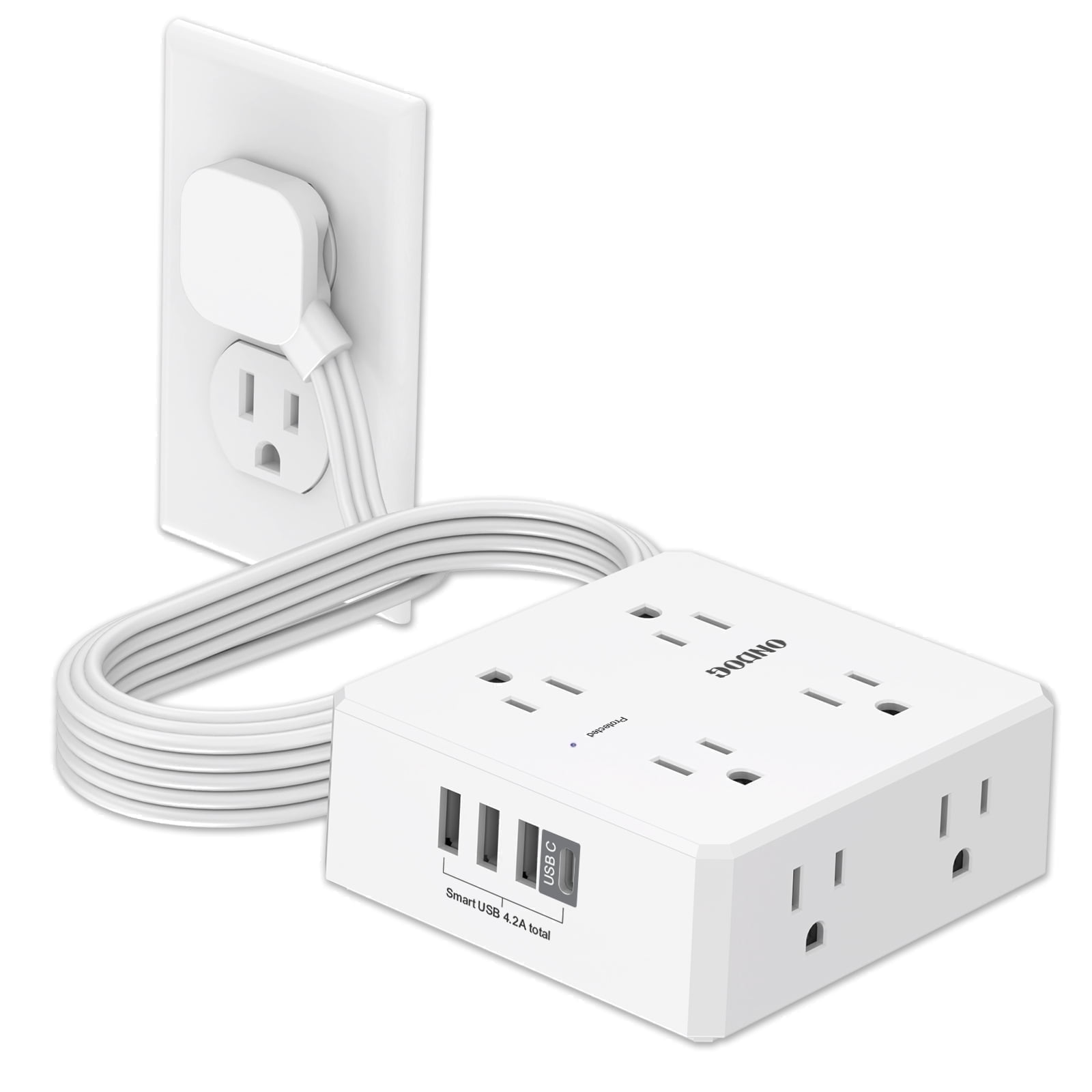 6ft Flat Plug Power Strip - 8 Outlets and 4 USB Ports (1 USB C), Extension Cord for Home Office, Etl