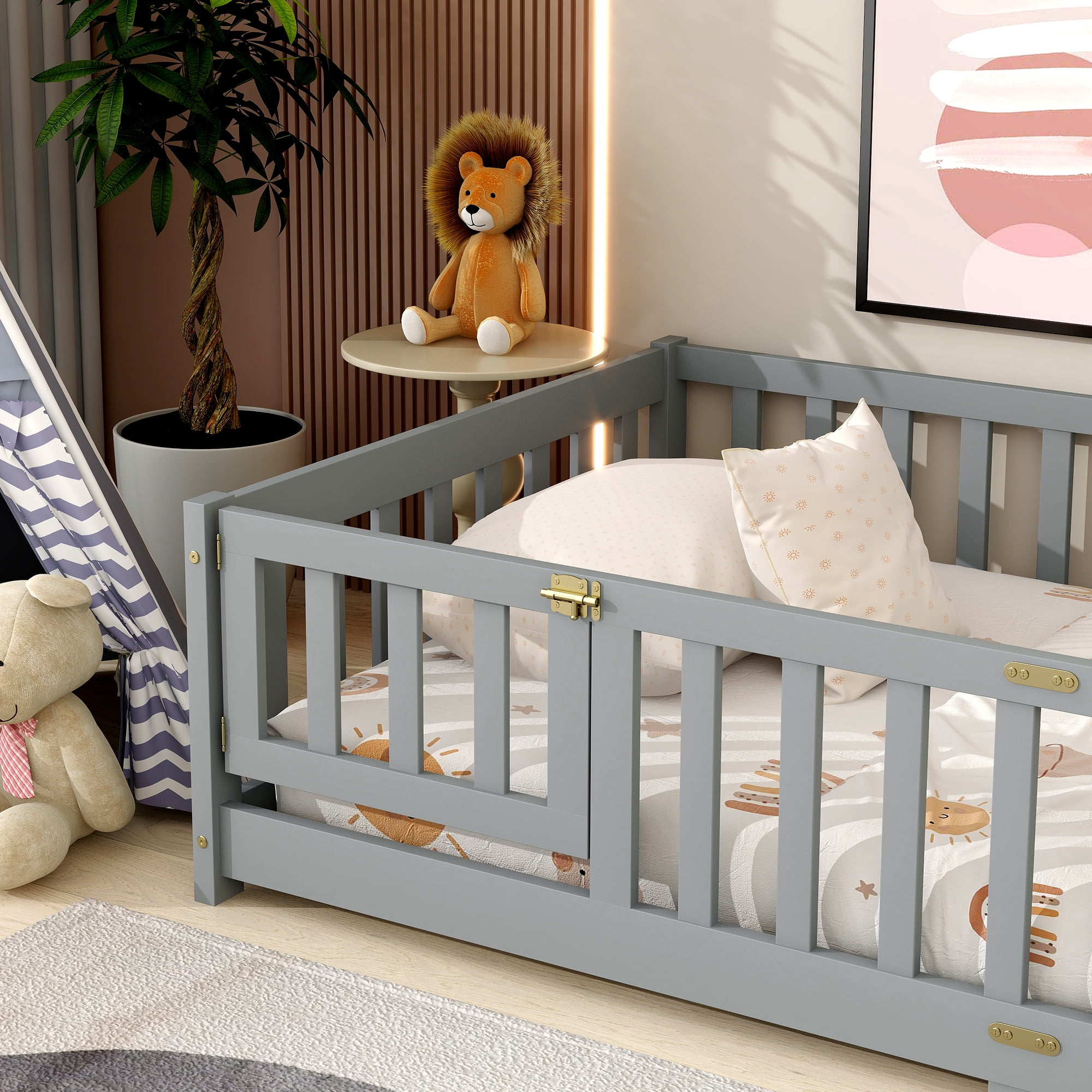 Sailvan Twin Floor Bed with Fence and Door, Solid Rubber Wood Kids Platform Bed Frame Grey