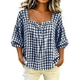 thumbnail image 2 of Yrmaups Women Plus Size Square Neck 3/4 Sleeve Blouse, Loose Fit Button Plaid Top, Soft Casual Tee for Summer Office Daily Wear, Navy 3XL, 2 of 5