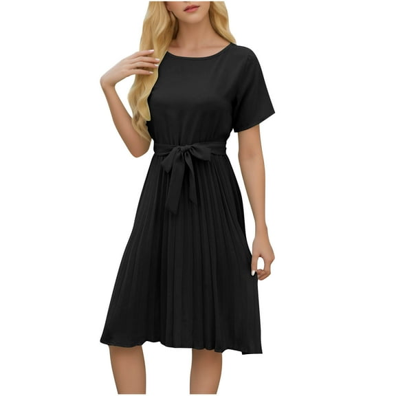 Loopsun Womens Dresses, Summer Dresses for Women, Fashion Women Solid Color Short Sleeve Round Neck Back Waist Lace Up Fold A-line Skirt Dress Black XXL