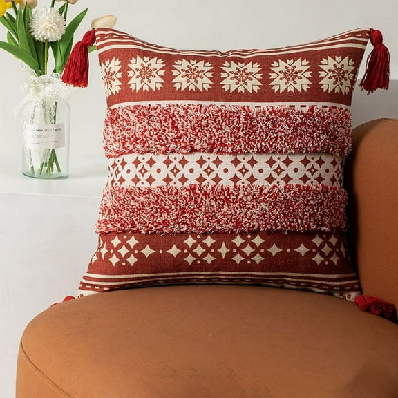 Nvzi Boho Tufted Decorative Throw Pillow Cover, Cozy Bohemian Cotton Canvas Cushion Cover Tassels Pillow Case Home Decor 17"X 17",Red