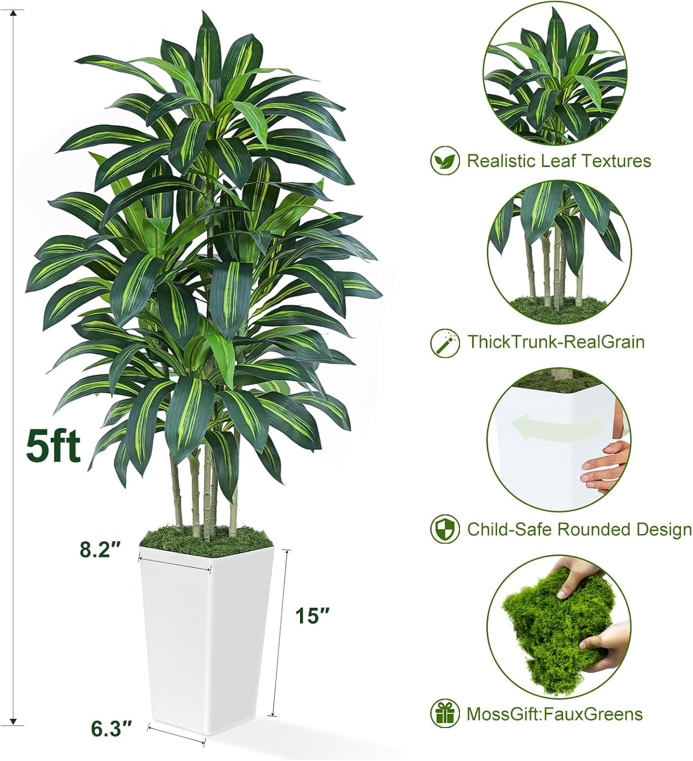 Keeplush 5FT Artificial Dracaena Tree with White Tall Planter - High-Density Silk Faux Yucca Fake Tree for Indoor Home Office Decor, Large Tall Artificial Floor Plant (150cm/5ft)