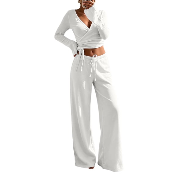 vdgthytj 2 Piece Sets for Women Long Sleeve V-Neck Wrap Waist Crop Tops Drawstring Wide Leg Pants Fall Casual Going out Outfits
