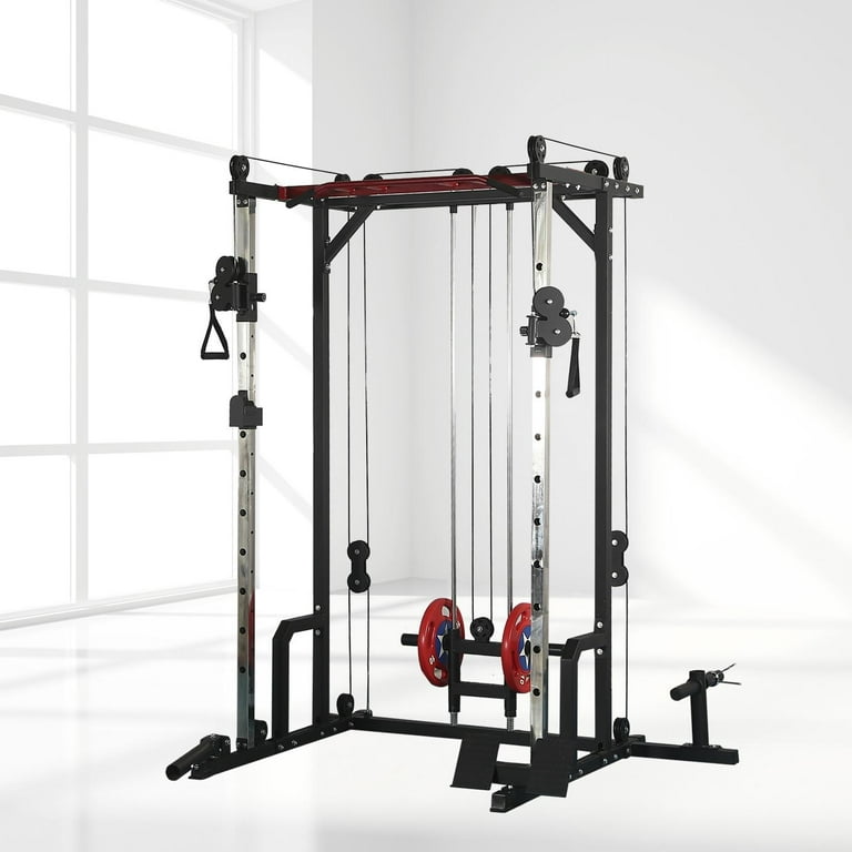 Multi Function Squat Rack Power Cage 1400lbs Full Body Training Weight Cage w LAT PullDown Cable Crossover System Professional Home Gym Equipment