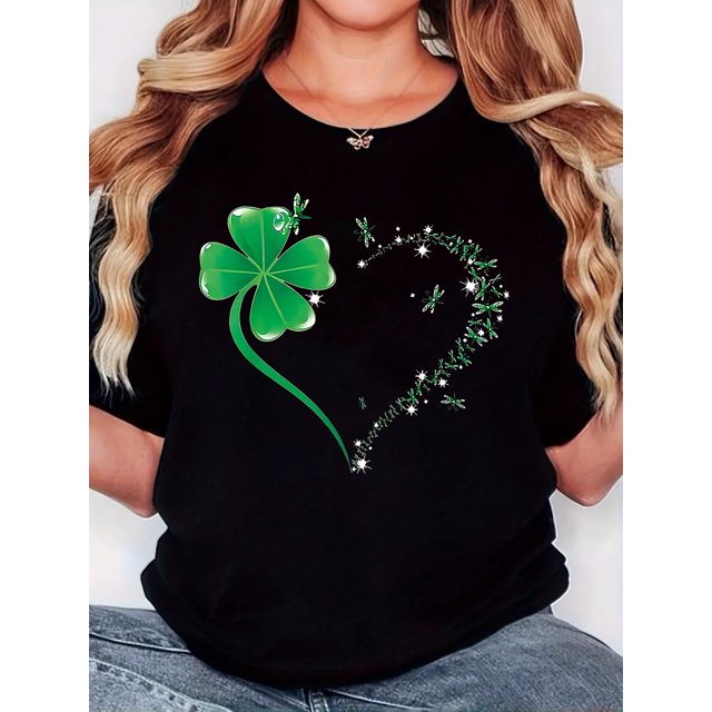 Women's T-shirt, orientation St. Patrick's Day "four-leaf clover dragonfly love" print, retro minimalist fashion, crew neck, casual and comfortable, sports short-sleeved T-shirt