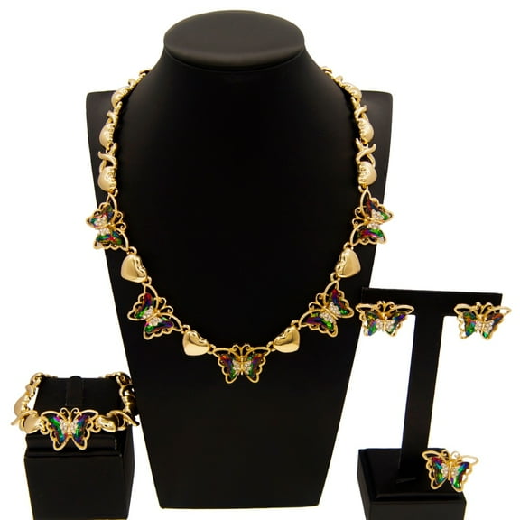 Women's Hugs & Kisses XOXO 4 Pieces Necklace Set Butterfly Charm Necklace Ring Bracelet & Earrings 18kt Gold Pated
