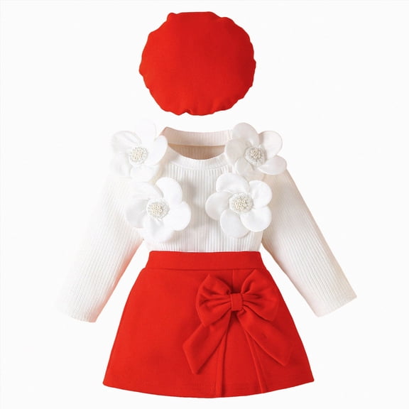 Toddler Infant Baby Girl Clothes 3Pcs Outfit Sets,Ruffle Long Sleeve Shirt and Bowtie Skort with Hat,6 12 18 24 Months 2t 3t 4t Toddler Girls Fall Winter Outfit Set,2-3 Years,Red