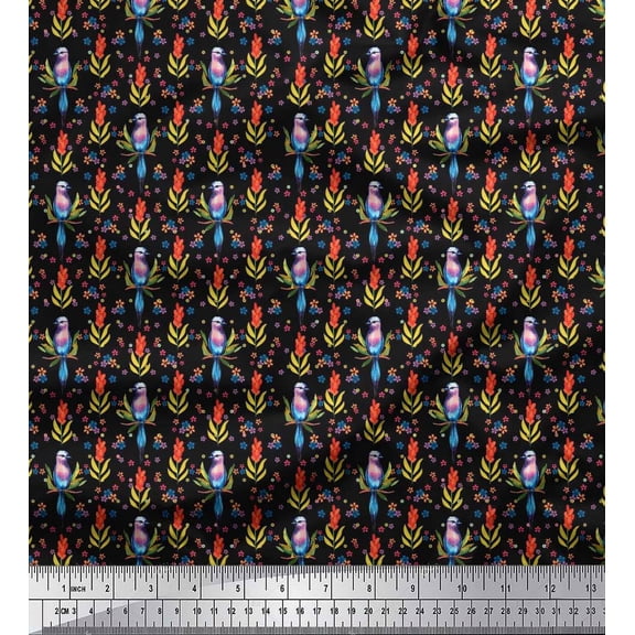 Soimoi Cotton Duck Fabric Leaves,Floral & Breasted Roller Bird Print Fabric by The Yard 42 Inch Wide
