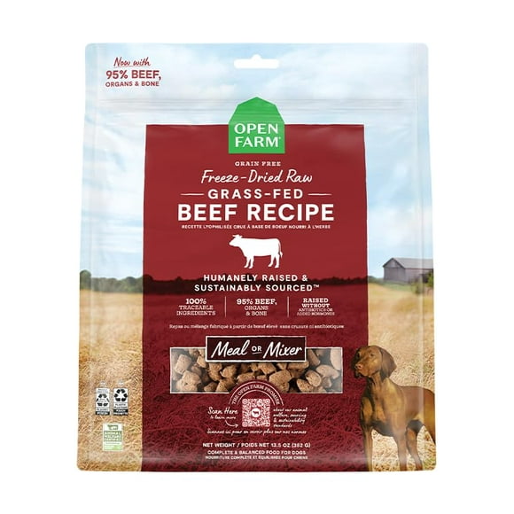 Open Farm Freeze Dried Raw Dog Food, Humanely Raised Meat Recipe with Non-GMO Superfoods and No Artificial Flavors or Preservatives (22 Ounce (Pack of 1), Grass Fed Beef Recipe)