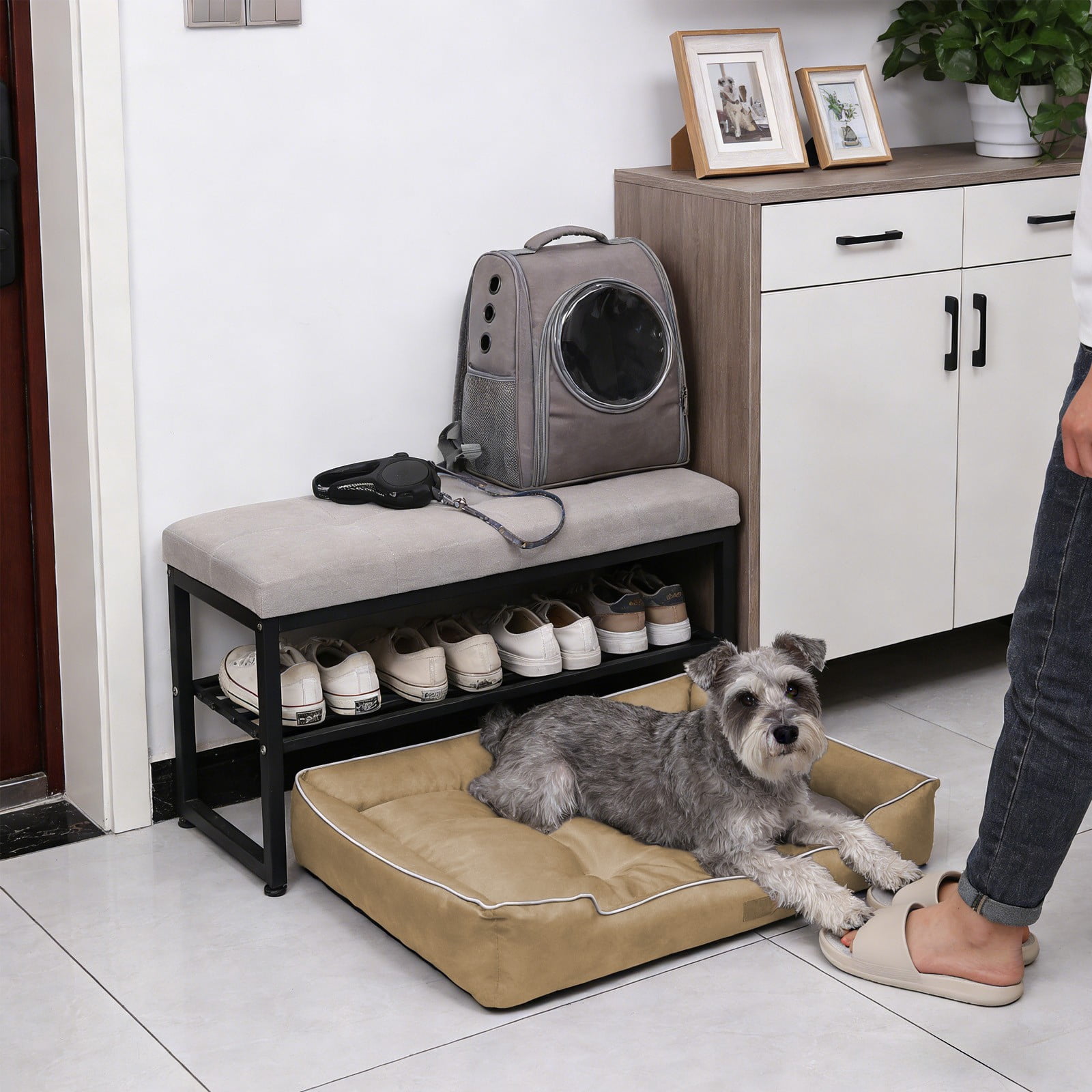 Waterproof Small Dog and Cat Bed with Non-Slip Bottom, Plush Bolster Comfort Mat for Pets Under 25lbs, Indoor Outdoor Crate Pad 27.5x19.5 Inches Khaki