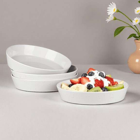 Onader Pasta Bowls Set of 4, 34oz Ceramic Large Salad Bowl Plates for Serving Soup Dinner, Shallow Stoneware Pasta Plate, Microwave & Dishwasher Safe, Speckled White